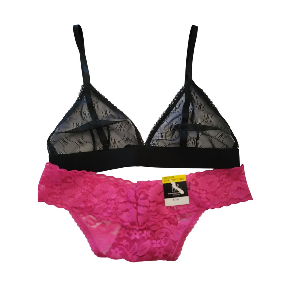 INC International Concepts Blk Logo Mesh Bralette s & Pink Lace Thong m Set NWT